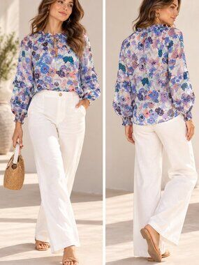 Tanya Taylor Floral Ruffle Tie Neck Cotton Blouse Multicolor